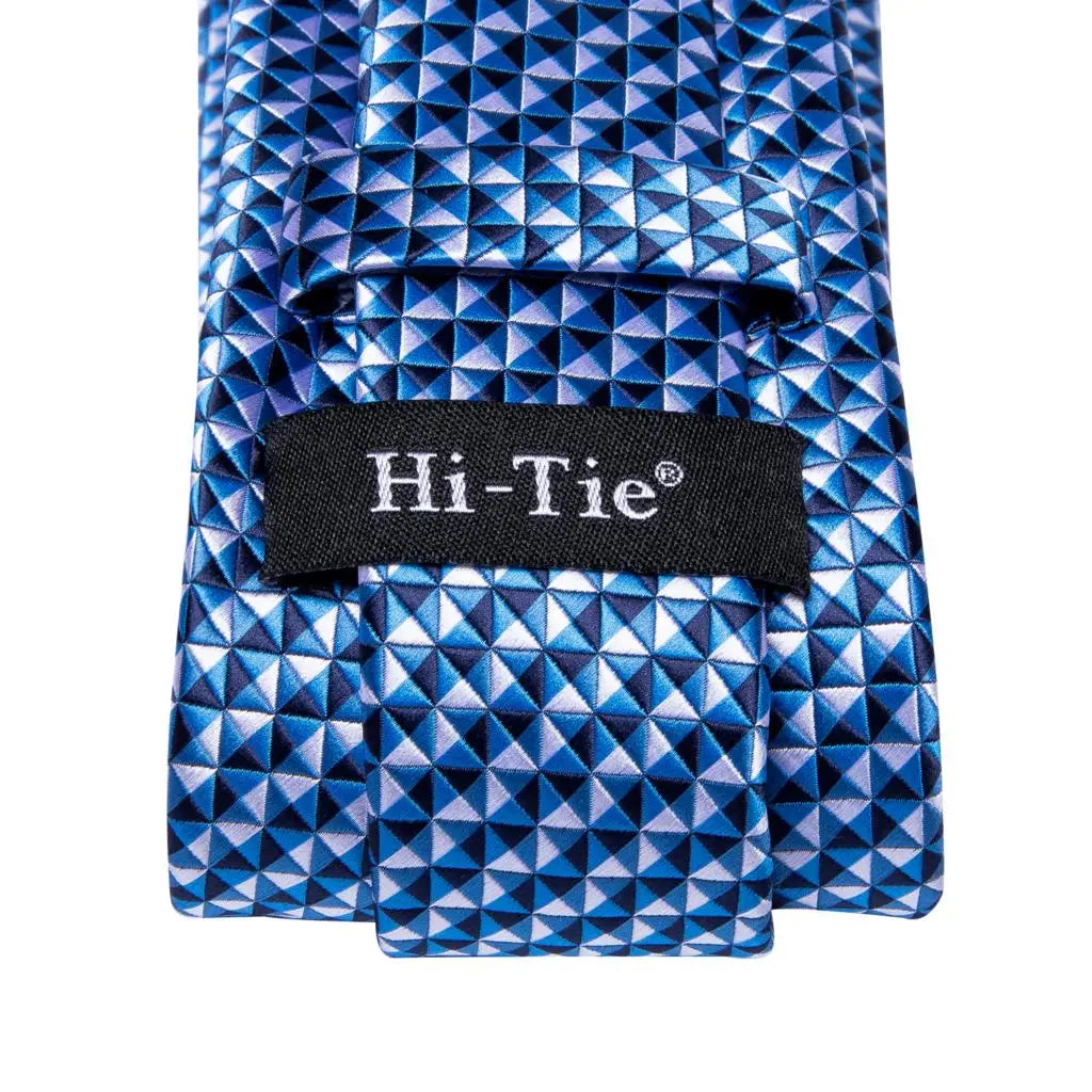Blue geometric silk tie, perfect for formal events with cufflinks cufflinks