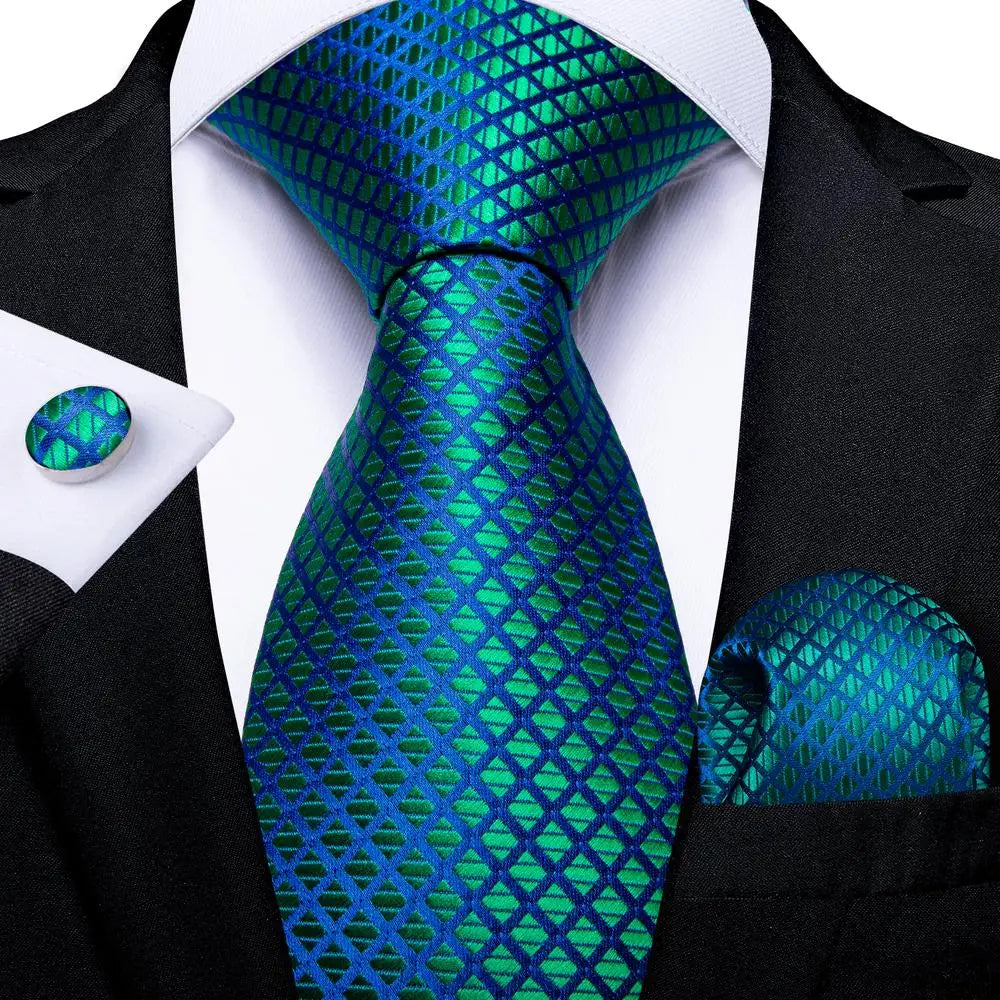 Men's blue and green patterned cufflinks, tie set for formal occasions