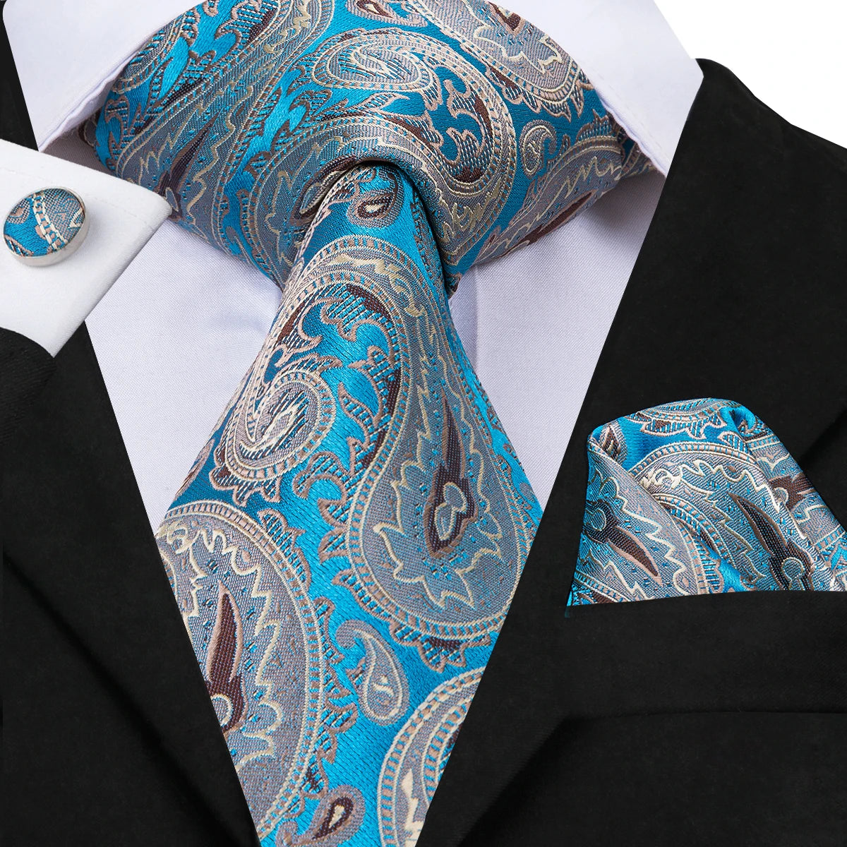 Blue paisley cufflinks cufflinks with matching tie and pocket square