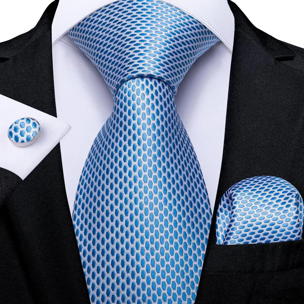 Blue textured cufflinks cufflinks with matching tie and pocket square