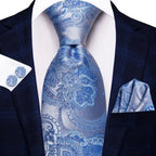 Men's blue paisley cufflinks, silk tie, formal suit accessory