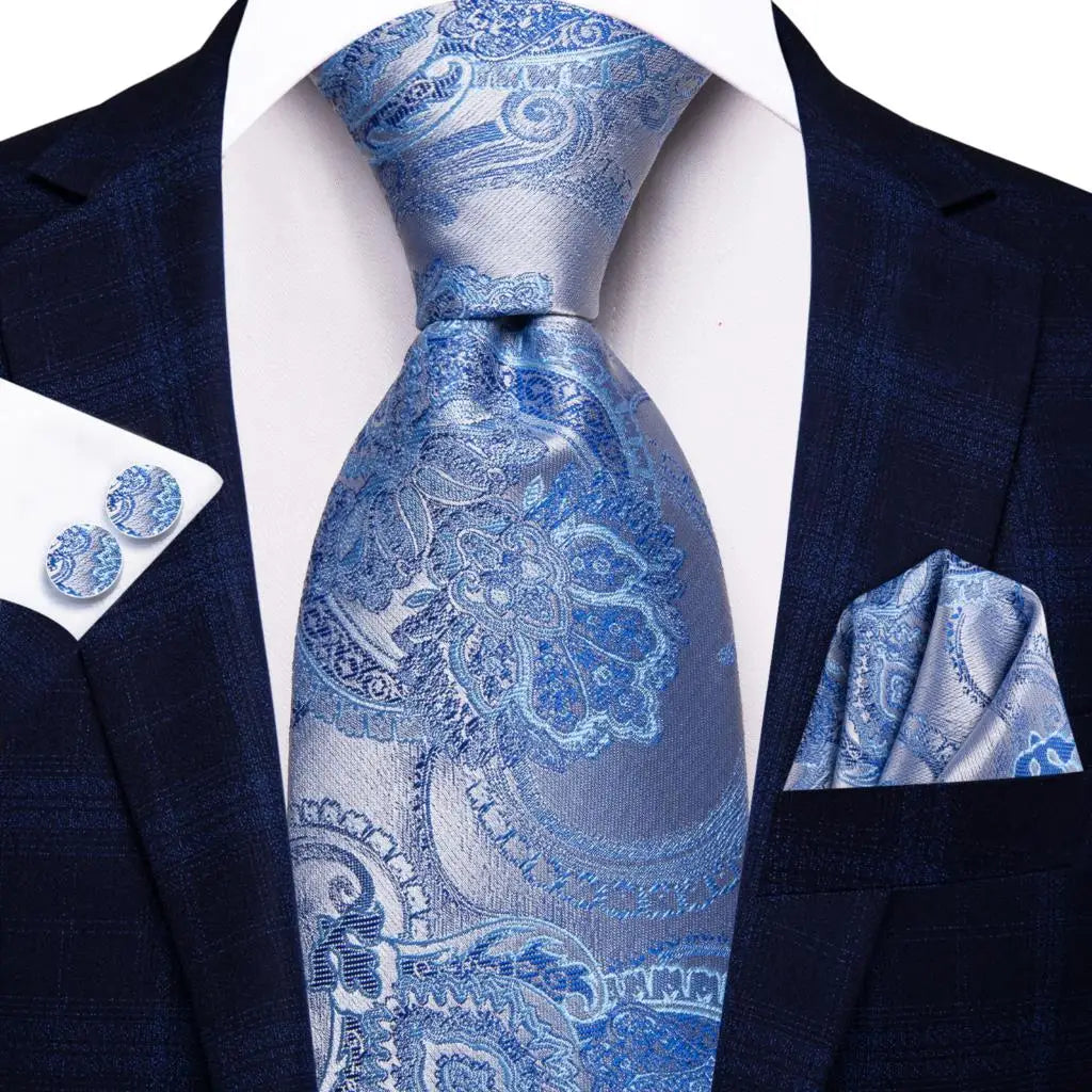Men's blue paisley cufflinks, silk tie, formal suit accessory