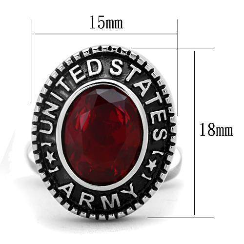 Men's silver United States Army ring with red gemstone detail
