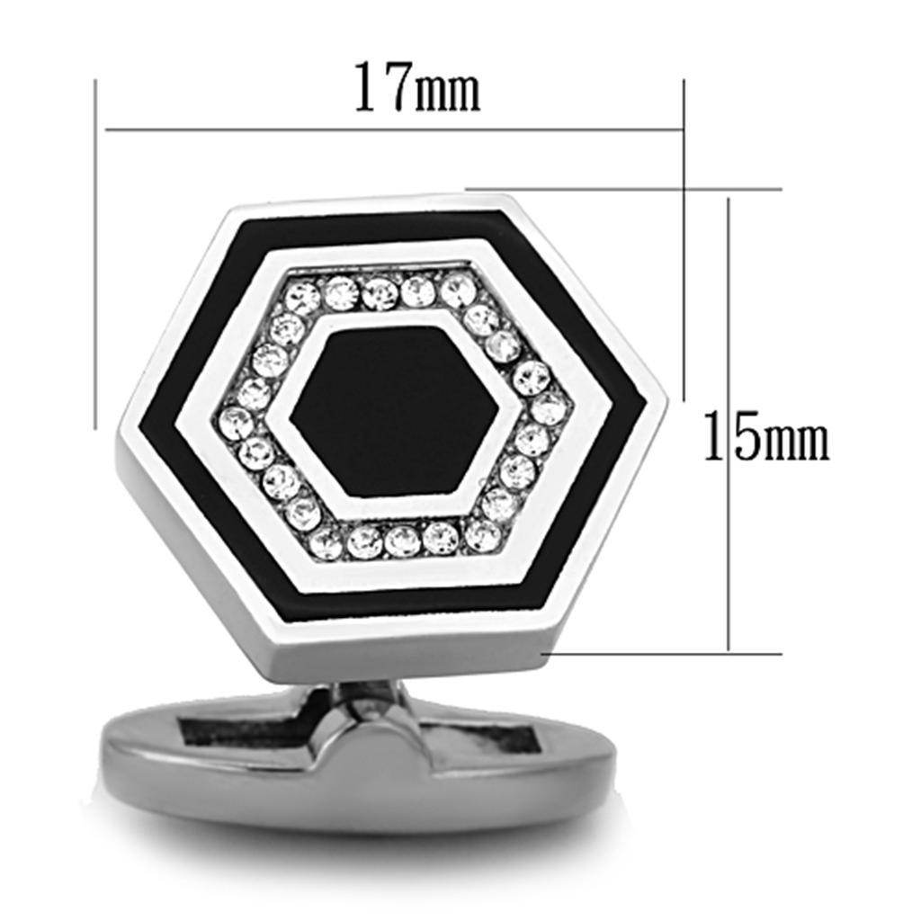 Stylish hexagon cufflinks men's, silver with black and crystal accents