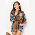 Trendsi women's curved hem plaid shacket in brown and blue tones for a stylish casual look