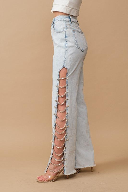 Women's Jeans Cut Out At Side W/ Jewel Trim Stretch Denim Jeans