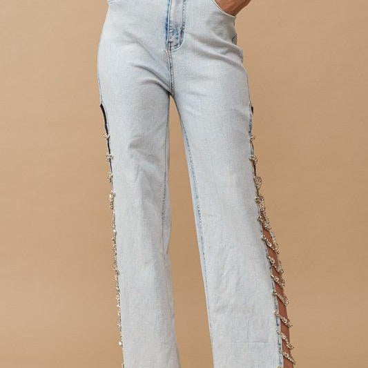 Women's Jeans Cut Out At Side W/ Jewel Trim Stretch Denim Jeans