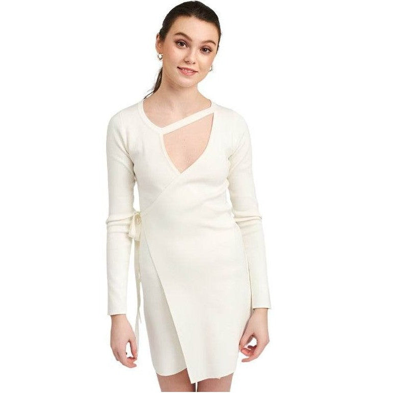 Emory Park women's cut out detail dress in white with stylish wrap design and long sleeves