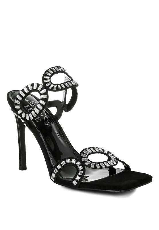 Women's black cut out stiletto heel sandals with decorative circular accents