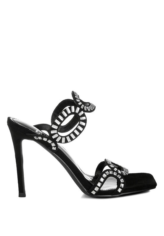 Women's black cut out stiletto heel sandals with decorative design