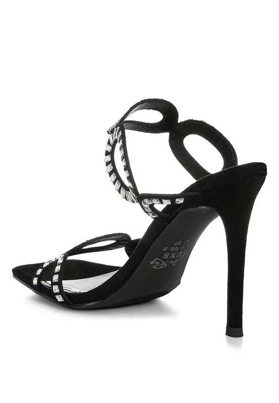 Women's black cut out stiletto heel sandals with embellished straps