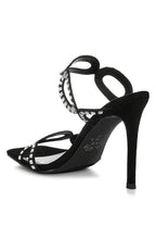 Women's black cut out stiletto heel sandals with embellished straps