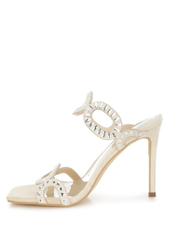 Women's cut out stiletto heel sandals in beige with rhinestone embellishments