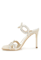 Women's cut out stiletto heel sandals in beige with rhinestone embellishments