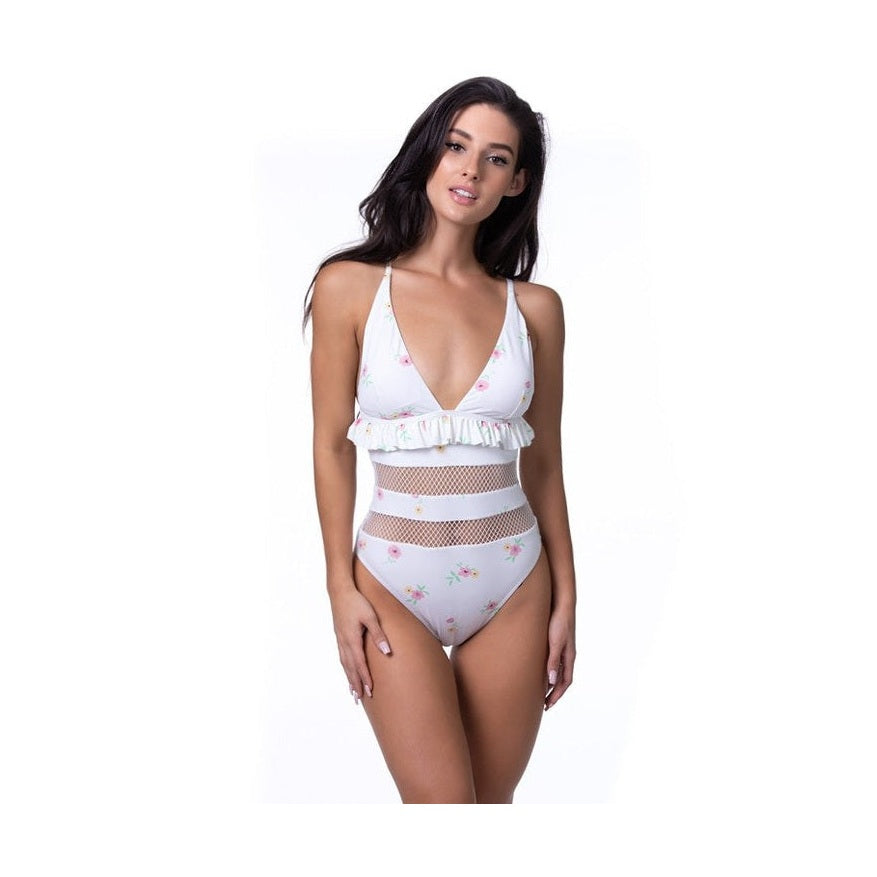 Beach Joy Bikini one-piece women's swimwear with floral print and mesh details cute vacation swimsuits for women