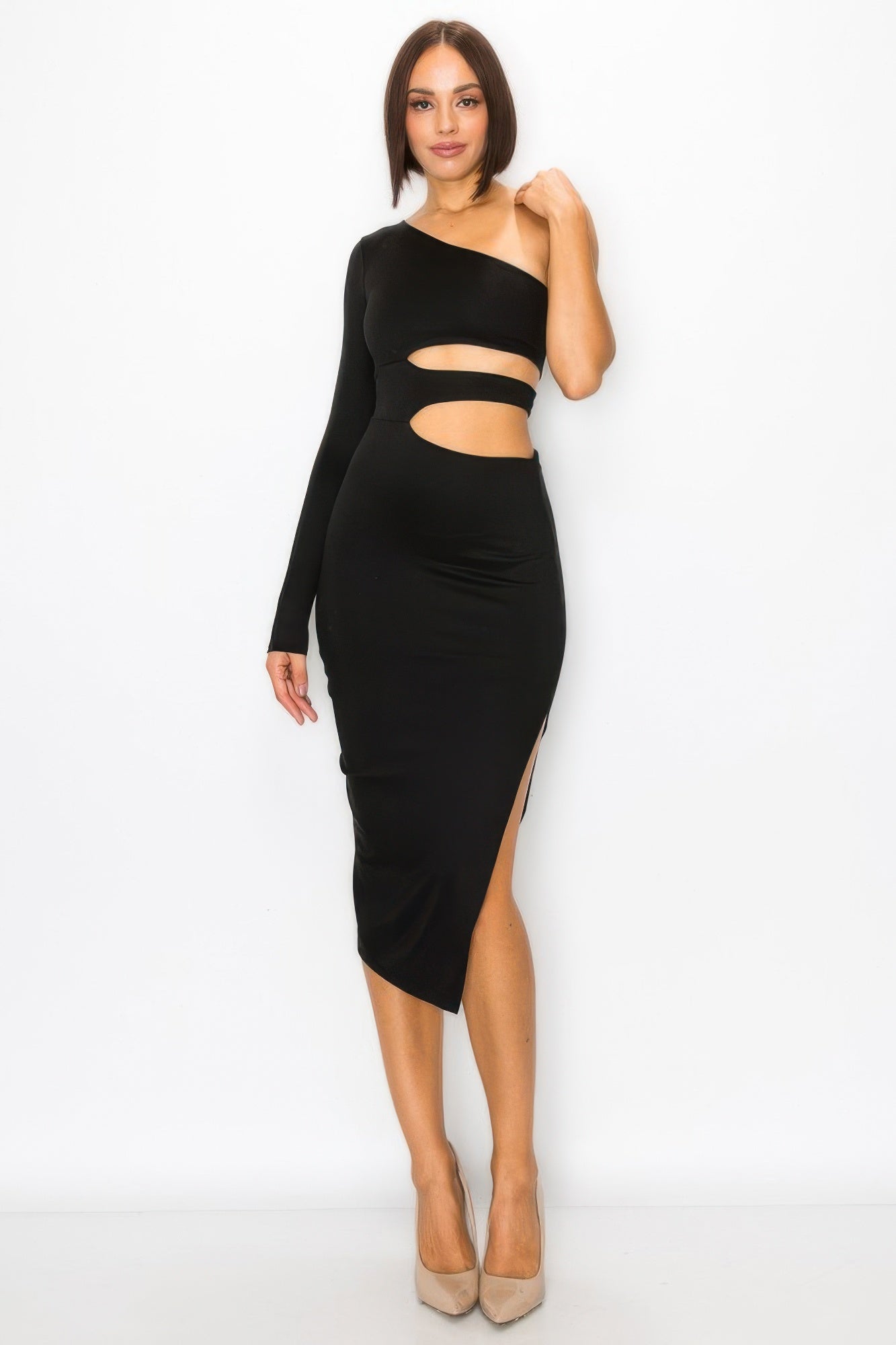 Black one-shoulder cut-out bodycon dress and maxi dress for evening events