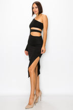 Black cut-out bodycon dress for stylish evening wear and maxi dress.