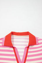 Stripe Contrast Trim Polo Collar Ruffle Sleeve Blouse