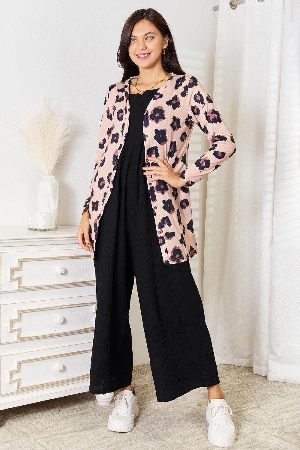 Double Take Printed Button Front Longline Cardigan - VacationGrabs