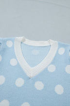 Polka Dot Puff Short Sleeve V-Neck Sweater