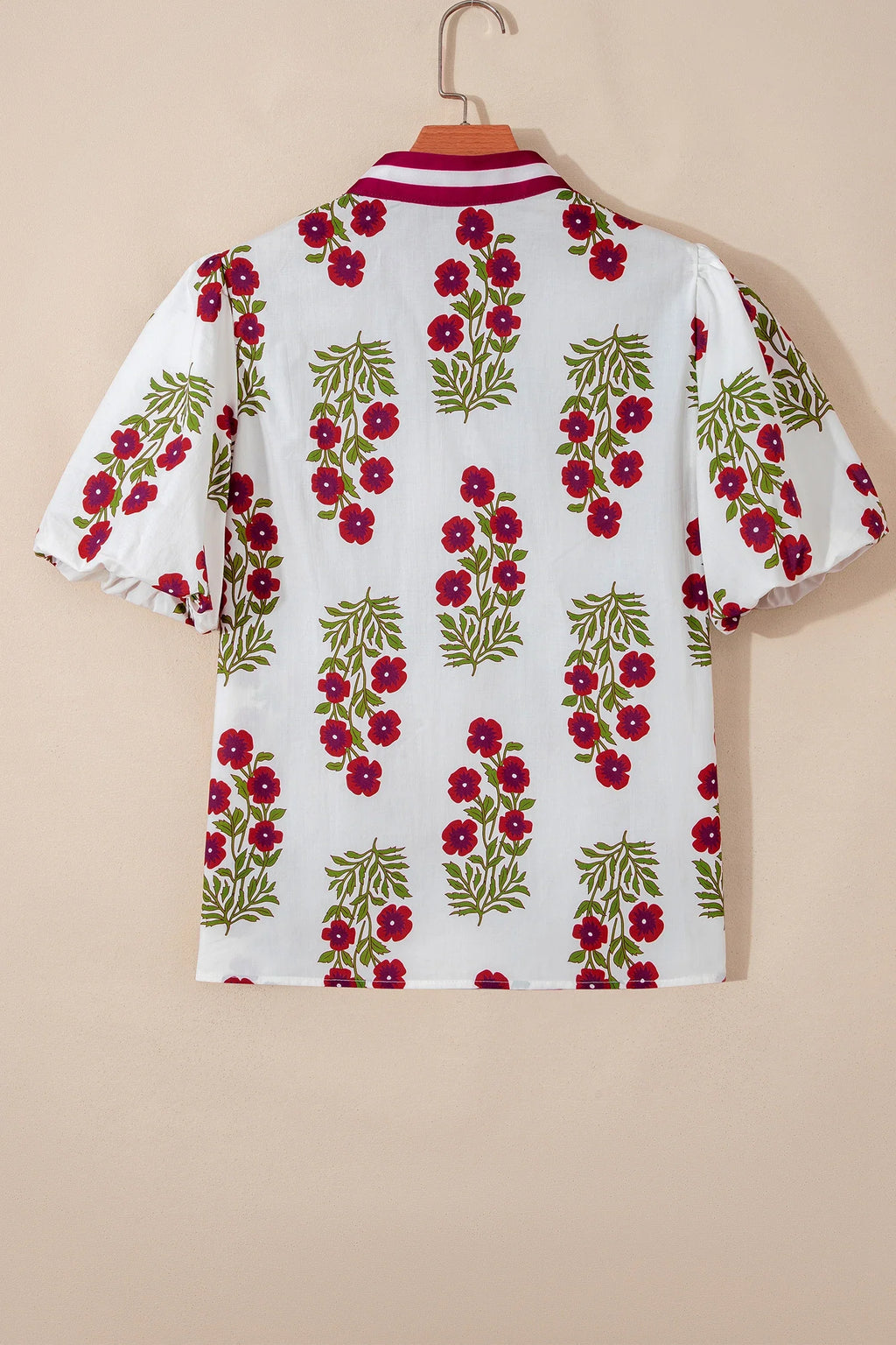Floral Contrast Slit V-Neck Short Bubble Sleeve Blouse