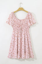 Floral Front Tie Shirred Waist Ruffle Mini Dress