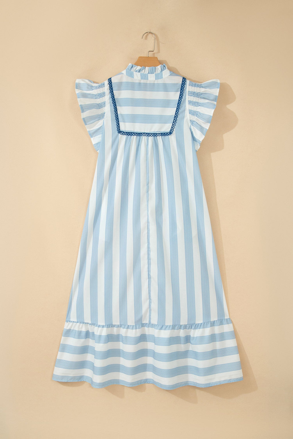Stripe Lace Trim V-Neck Ruffle Midi Dress