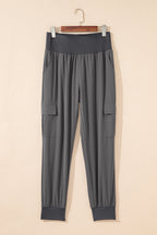 Solid Elastic High Waist Pocketed Cargo Jogger Pants