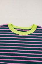 Green Stripe Oversized Contrast Trim Exposed Seam High Low T Shirt - VacationGrabs