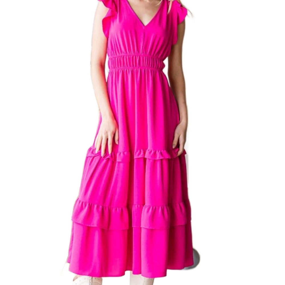 Women's Dresses Reborn J V-Neck Ruffle Trim Tiered Midi Dress
