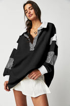 Women's Sweatshirts & HoodiesBlack Striped Colorblock Patchwork Collar Sweatshirt - VacationGrabs