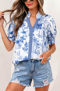 Floral Stripe Contrast V-Neck Puff Sleeve Blouse