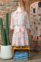 Boho Floral Colorblock 3/4 Sleeve Belted Mini Dress