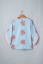 Floral Button Cuffed 3/4 Sleeve Round Neck Blouse