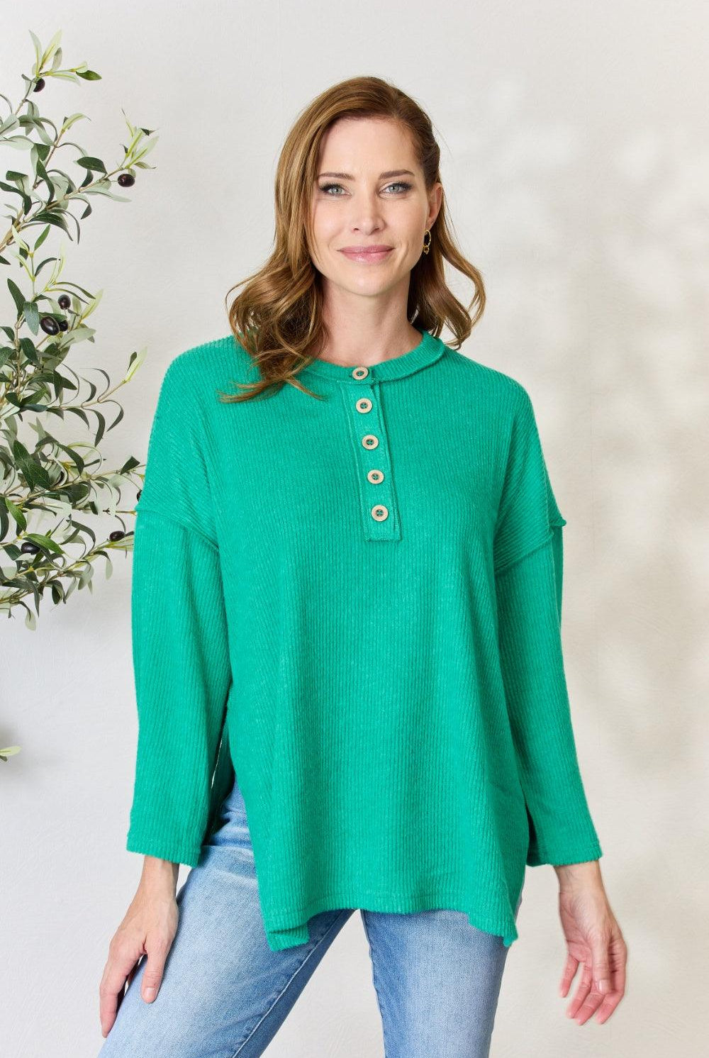 Women's Shirts Zenana Full Size Ribbed Half Button Slit Knit Top