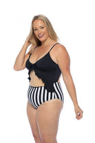 Black And Striped Cutout One Piece Swimsuit - VacationGrabs