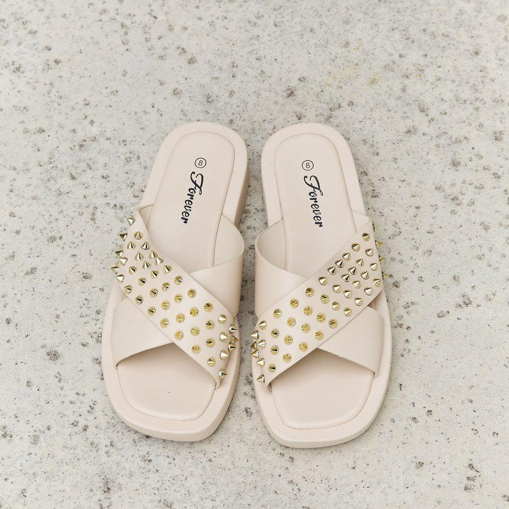 Women's Shoes Forever Link Studded Cross Strap Sandals in Cream