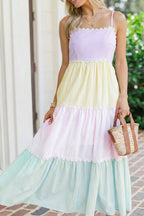 Stripe Colorblock Scallop Ricrac Trim Maxi Dress