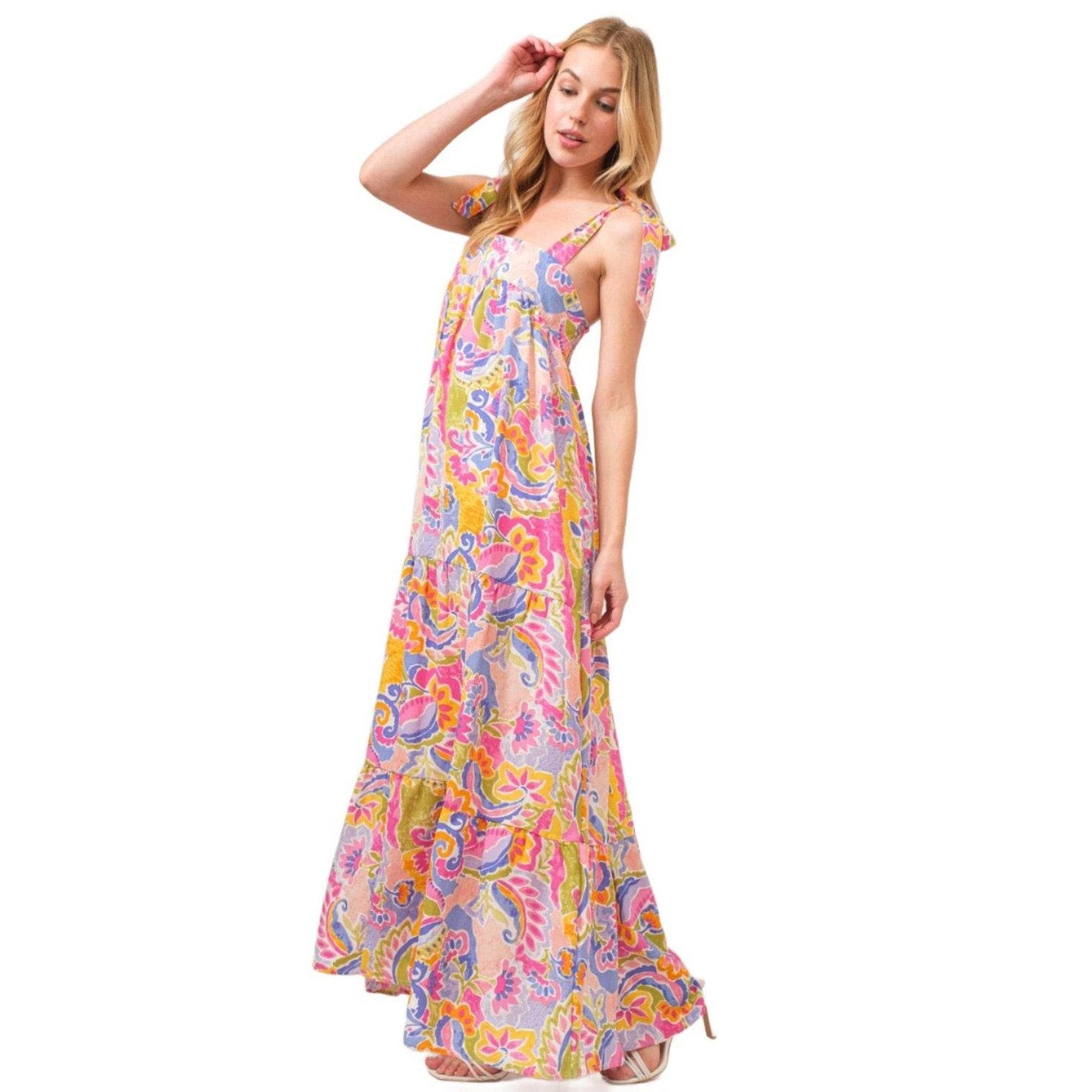 And The Why Full Size Printed Tie Shoulder Tiered Maxi - VacationGrabs