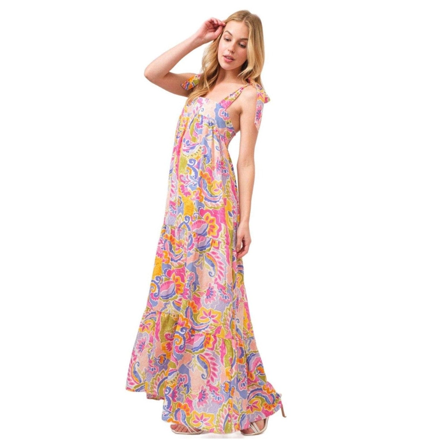 And The Why Full Size Printed Tie Shoulder Tiered Maxi - VacationGrabs