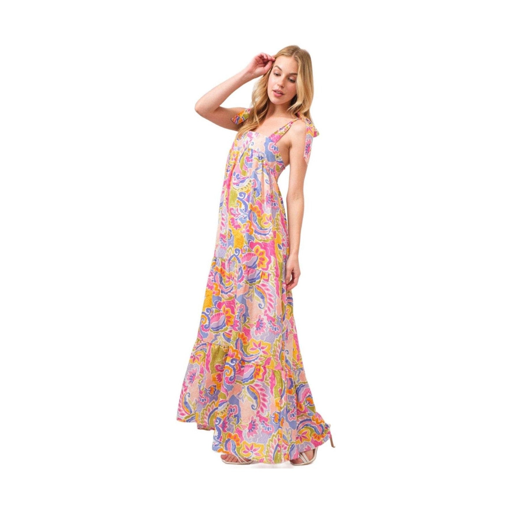 And The Why Full Size Printed Tie Shoulder Tiered Maxi - VacationGrabs