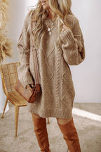 Parchment Cable Knit Drop Shoulder Loose Fit Sweater Dress - VacationGrabs