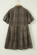 Leopard Denim Short Sleeve Pleated Mini Dress