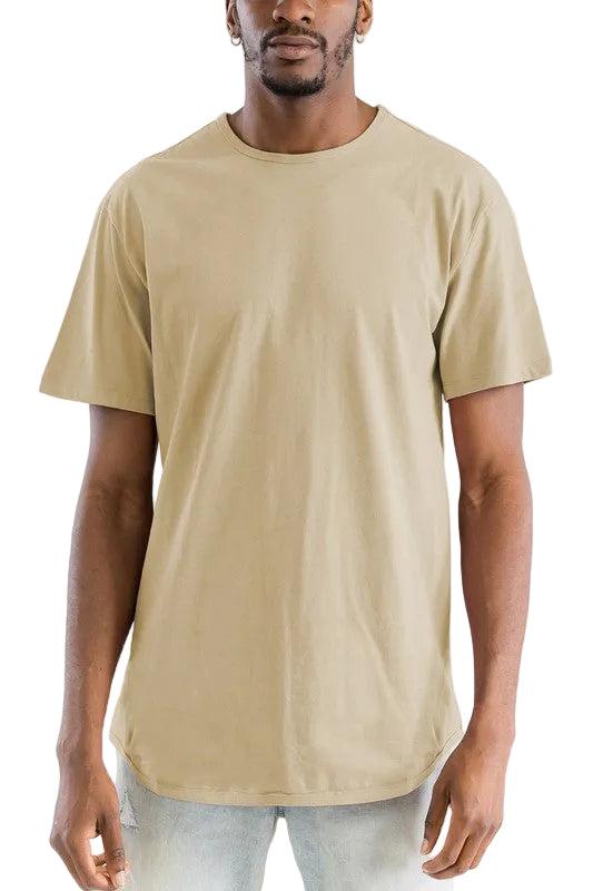 Man wearing a beige t-shirt on a white background