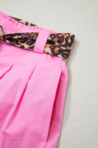 Leopard Contrast Belt Pleated Wide Leg Shorts