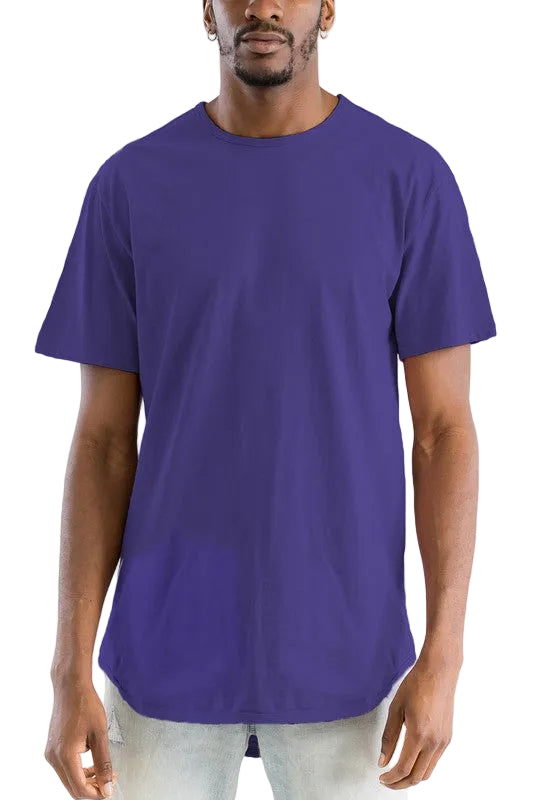 Man wearing a purple t-shirt against a white background