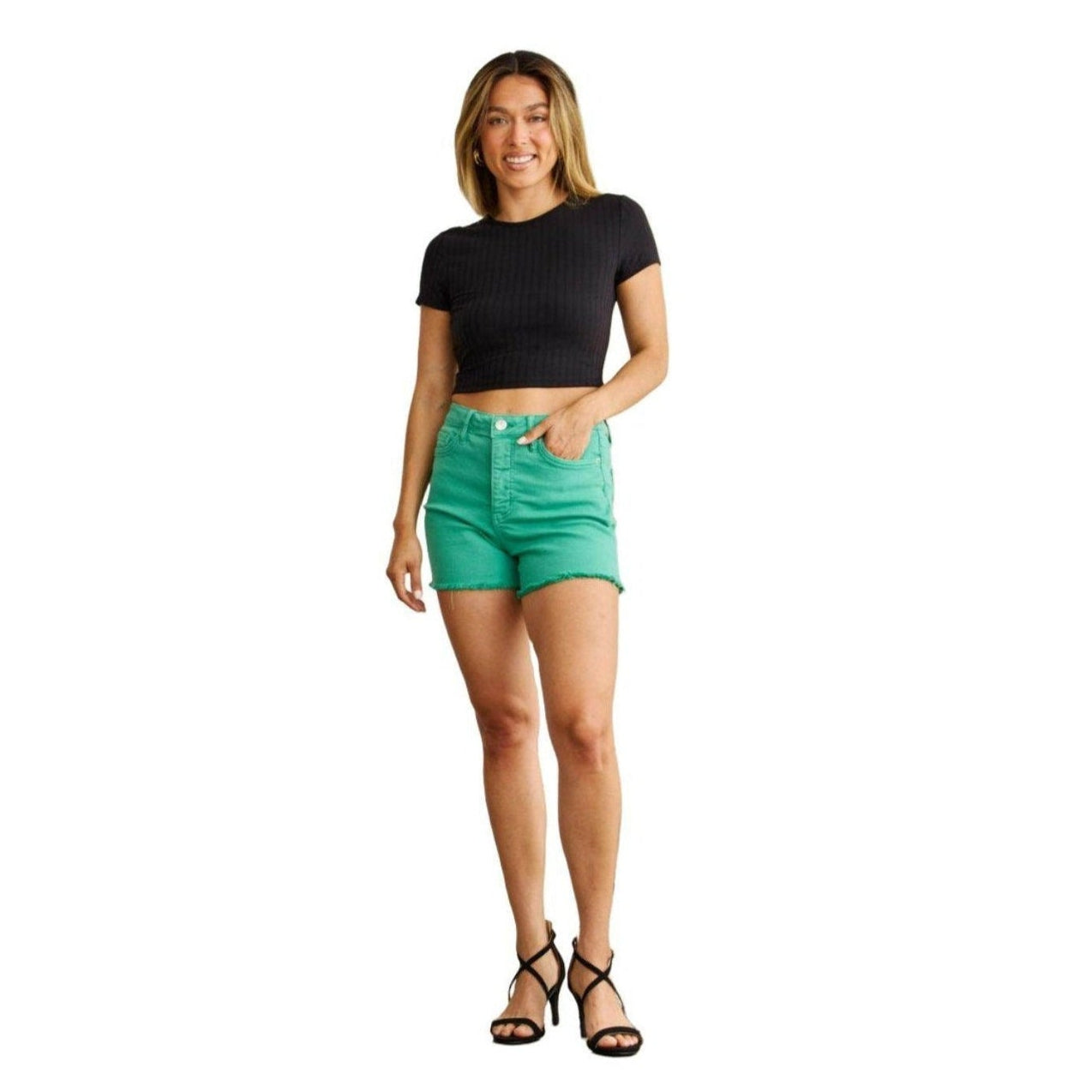 RFM Tummy Control High Waist Raw Hem Denim Shorts - VacationGrabs