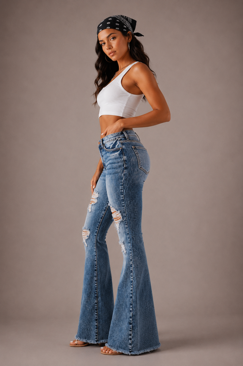 Storm Bell Bottom Jean in Stone Wash