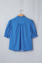 Stripe Ruffle Puff Sleeve Button Front Blouse
