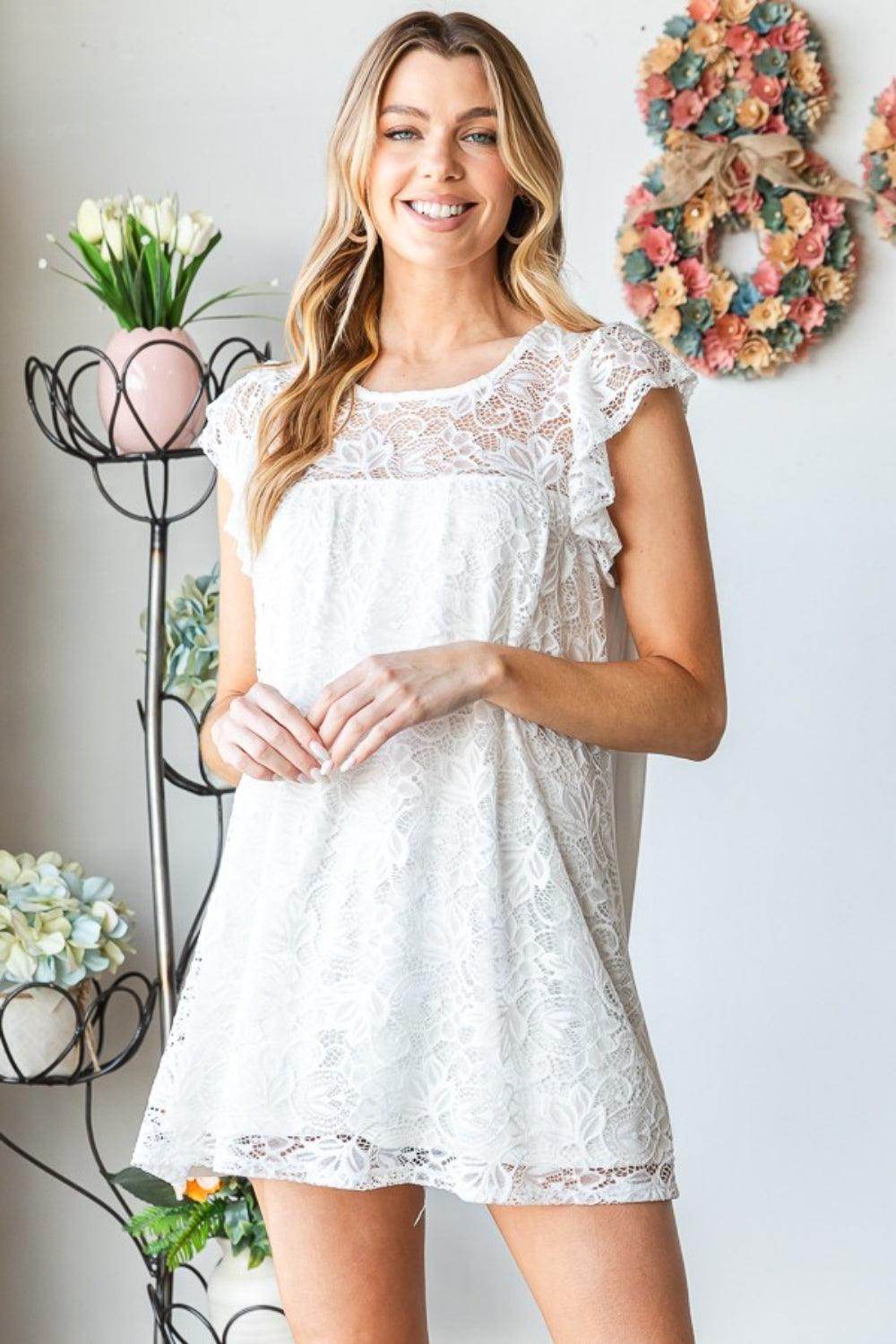 Heimish Full Size Round Neck Cap Sleeve Lace Top - VacationGrabs